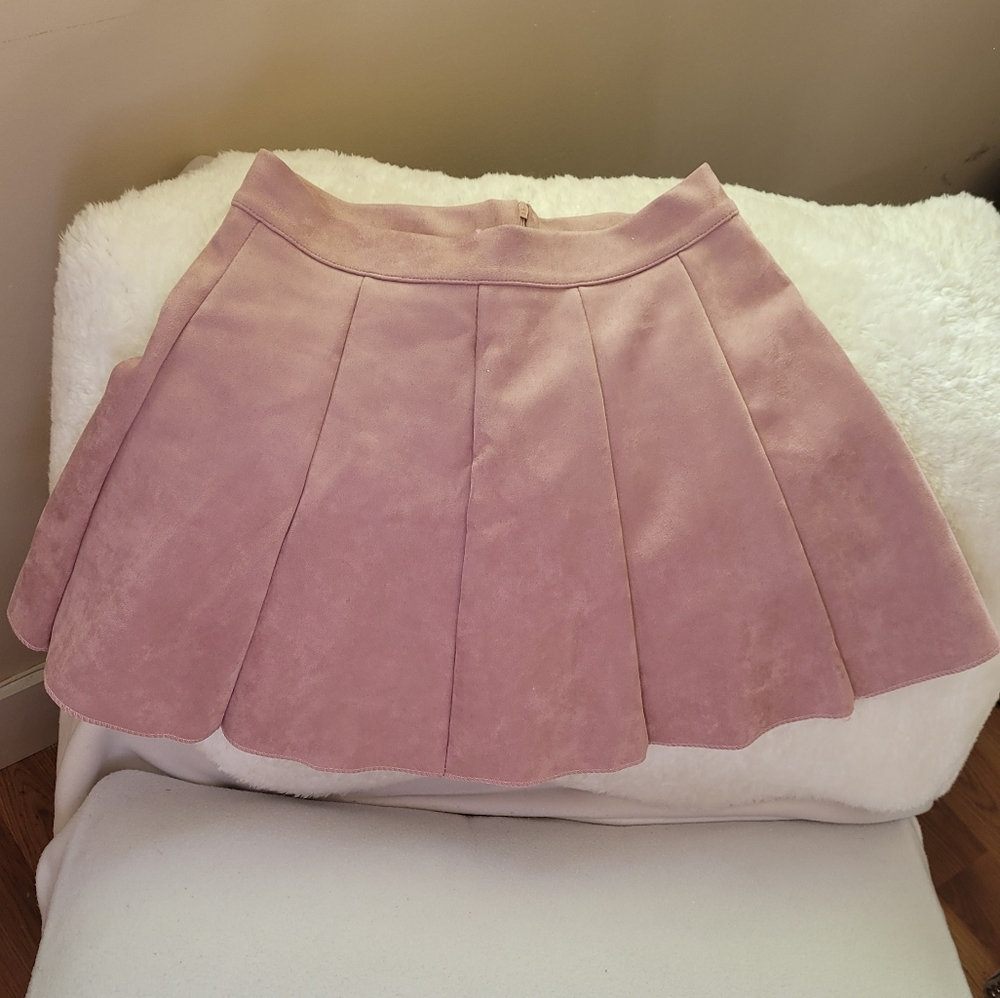 Baby pink suede flared skirt
